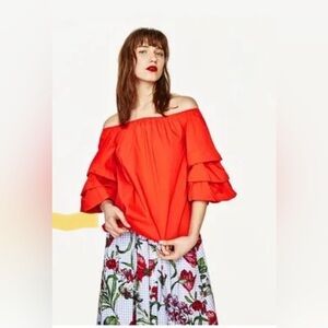 ZARA Woman Red of the shoulders blouse s
